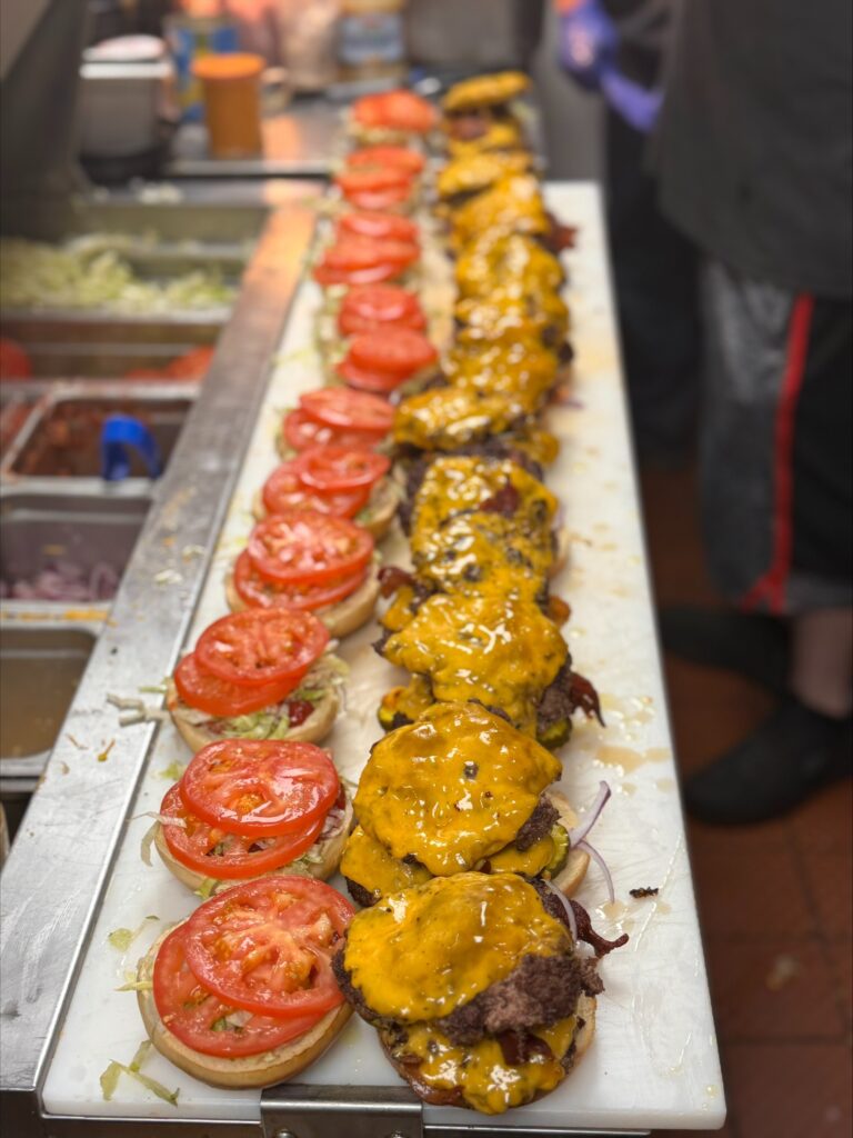 Hot and Juicy Burgers lined up and ready to go!